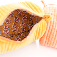 Velvet & Block Print Lined Cosmetic Pouch-Mustard