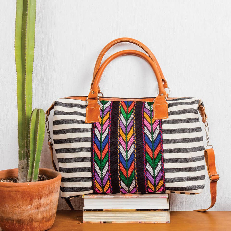 Striped Day Bag With Leather and Corte