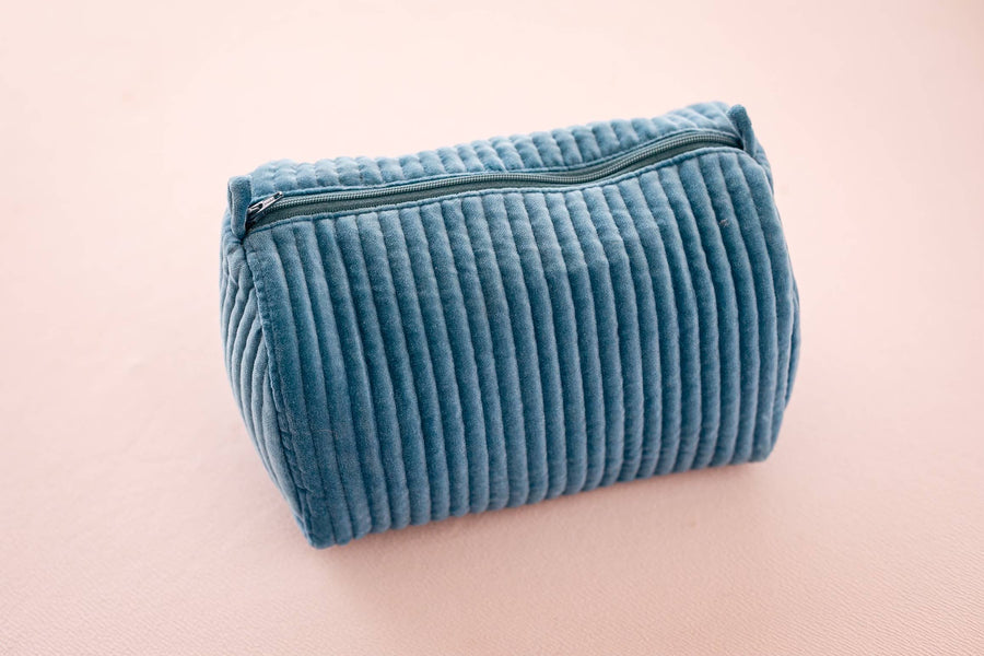 Velvet & Block Print Cosmetic Pouch-Blue