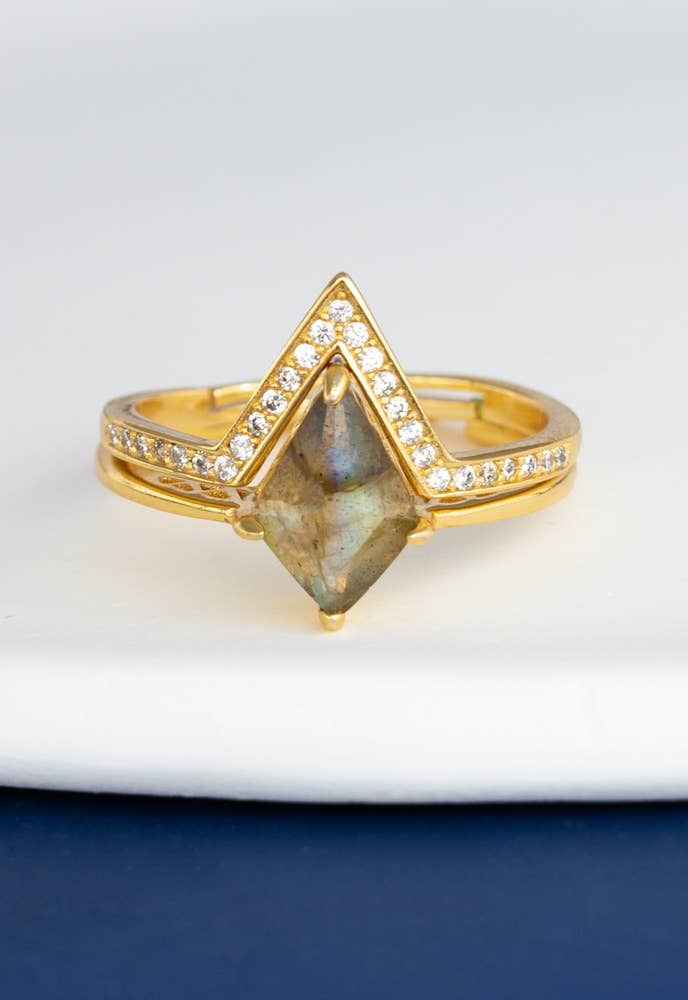 Perfectly-Paired Labradorite and Gold Ring Set