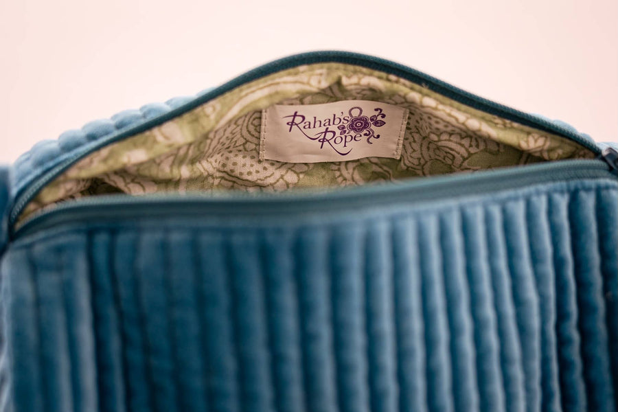 Velvet & Block Print Cosmetic Pouch-Blue