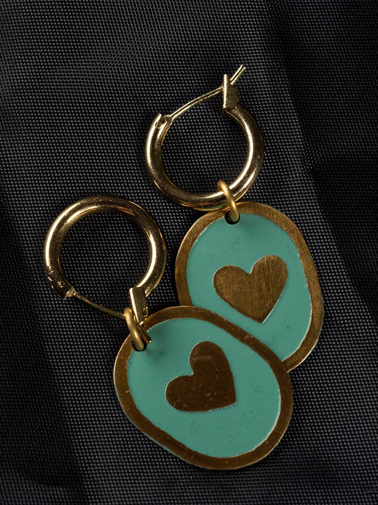 Enamel Heart Huggie Earrings Sage