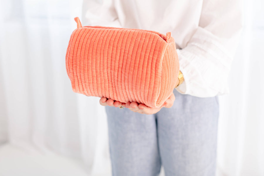 Velvet & Block Print Lined Cosmetic Pouch-Coral