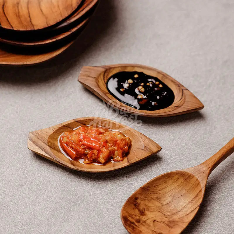 Teak Wooden Leaf Saucer Condiment Dish - Sauce Dish Dip Bowl