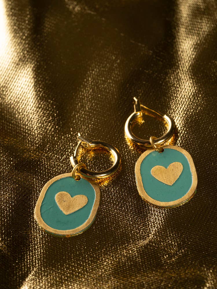 Enamel Heart Huggie Earrings Sage