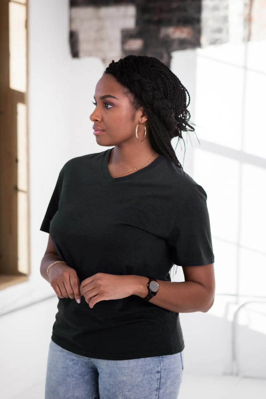 Ladies Premium Black Cotton V-Neck Tee